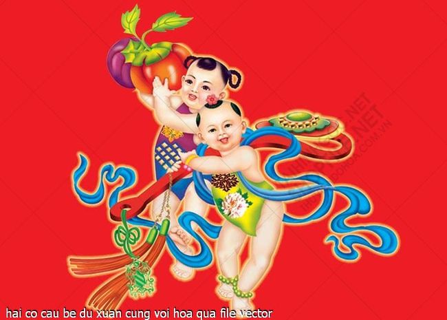 hai co cau be du xuan cung voi hoa qua file vector